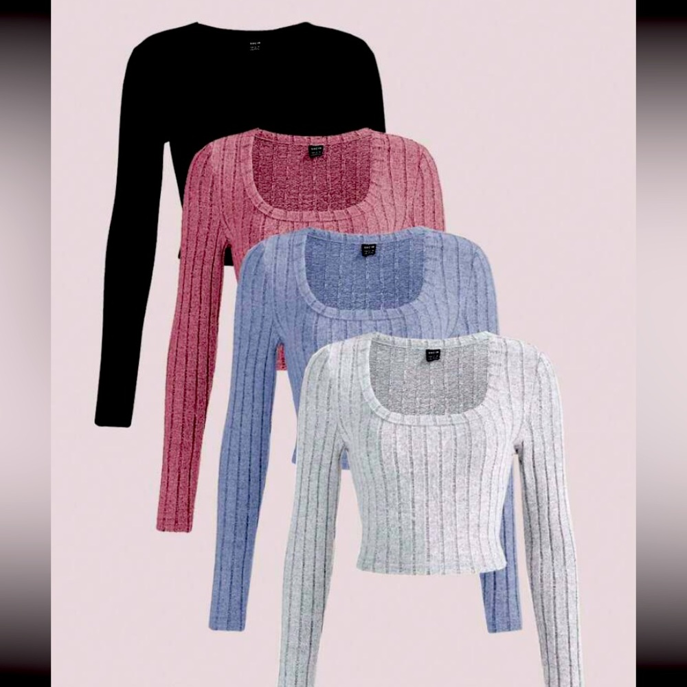 Solid Color Ribbed Knit T-Shirts - Picture 2 of 7